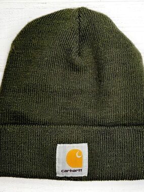 Carhartt Olive Green Knit Beanie Hat Unisex Logo Patch Made in Canada